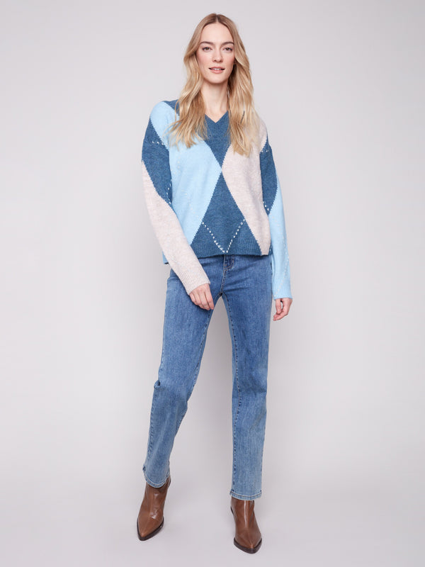 Chandail jacquard à losanges col en V - Denim Chiné