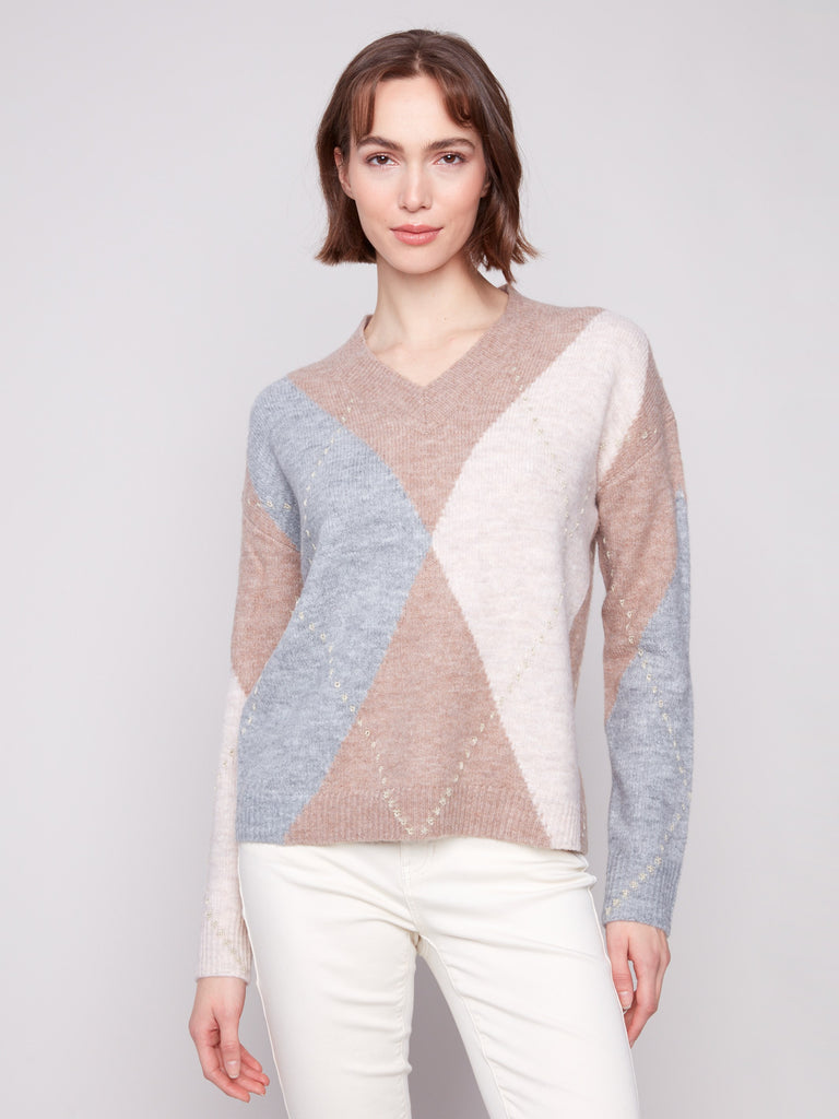 Chandail jacquard à losanges col en V - Sésame Chiné