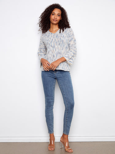 Elegant mist-hued sweater featuring a drop shoulder design and comfortable 3/4 sleeves by Charlie B.