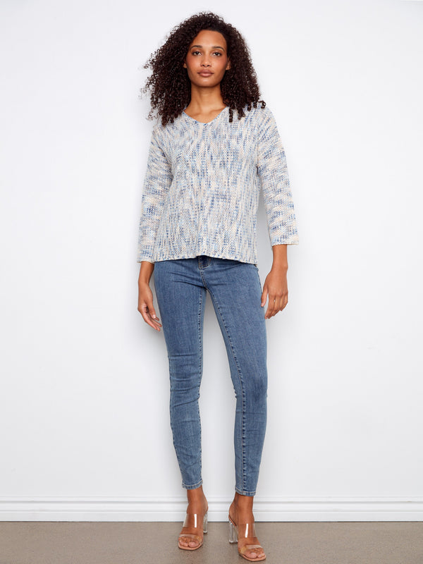V-Neck Crochet Sweater - Mist