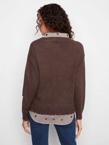 Long sleeve brown sweater showcasing a stylish V-neckline and casual look, by Charlie B.