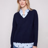 Navy sweater with a V-neck and poplin shirt collar, featuring long sleeves for a timeless style by Charlie B.