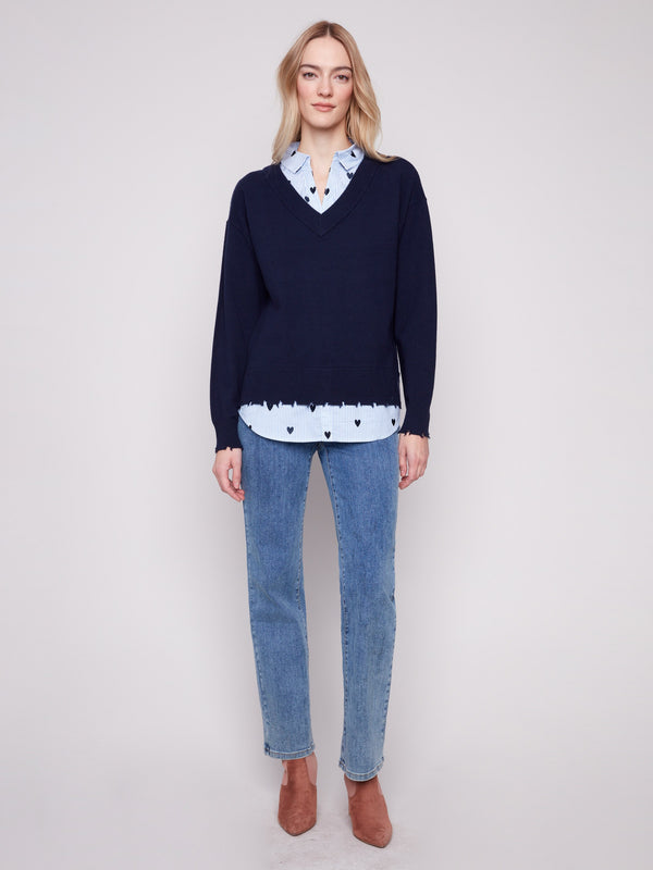 V-Neck Fooler Sweater With Embroidered Shirt Collar - Navy
