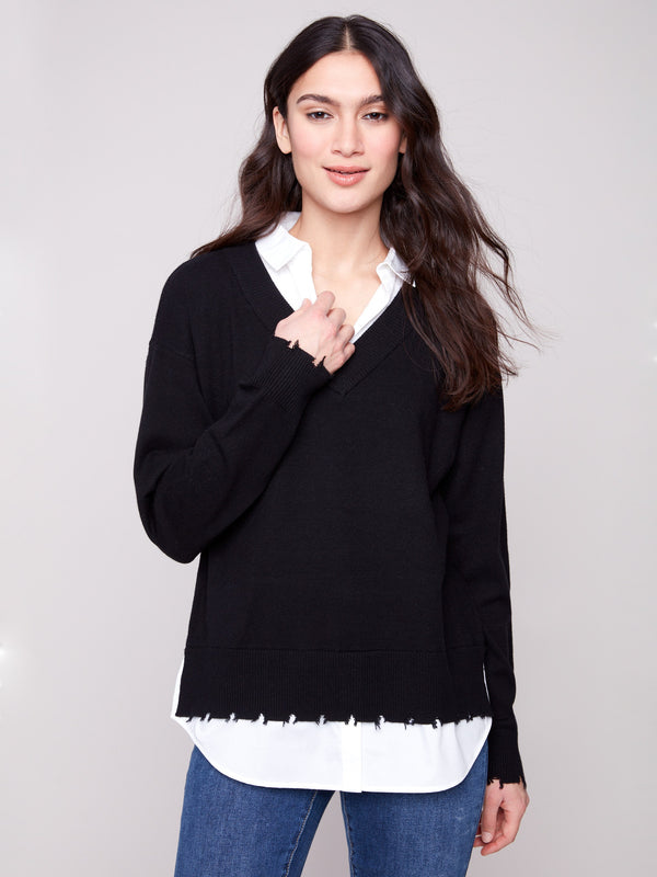Black sweater featuring long sleeves and a layered design, paired with a faux shirt collar by Charlie B.