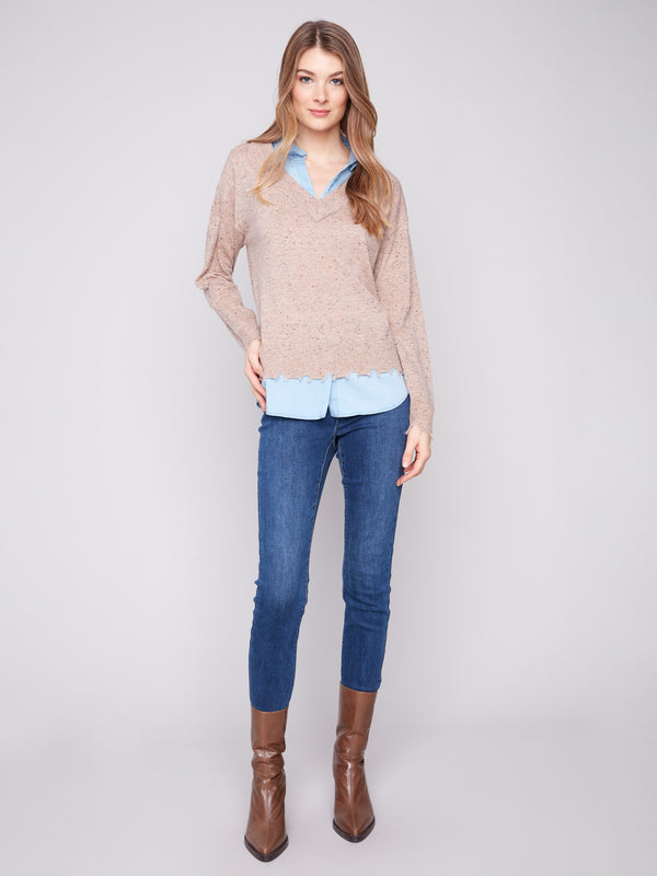 Stylish oat flecks sweater with side slits and V-neck design, perfect for any casual outing by Charlie B.