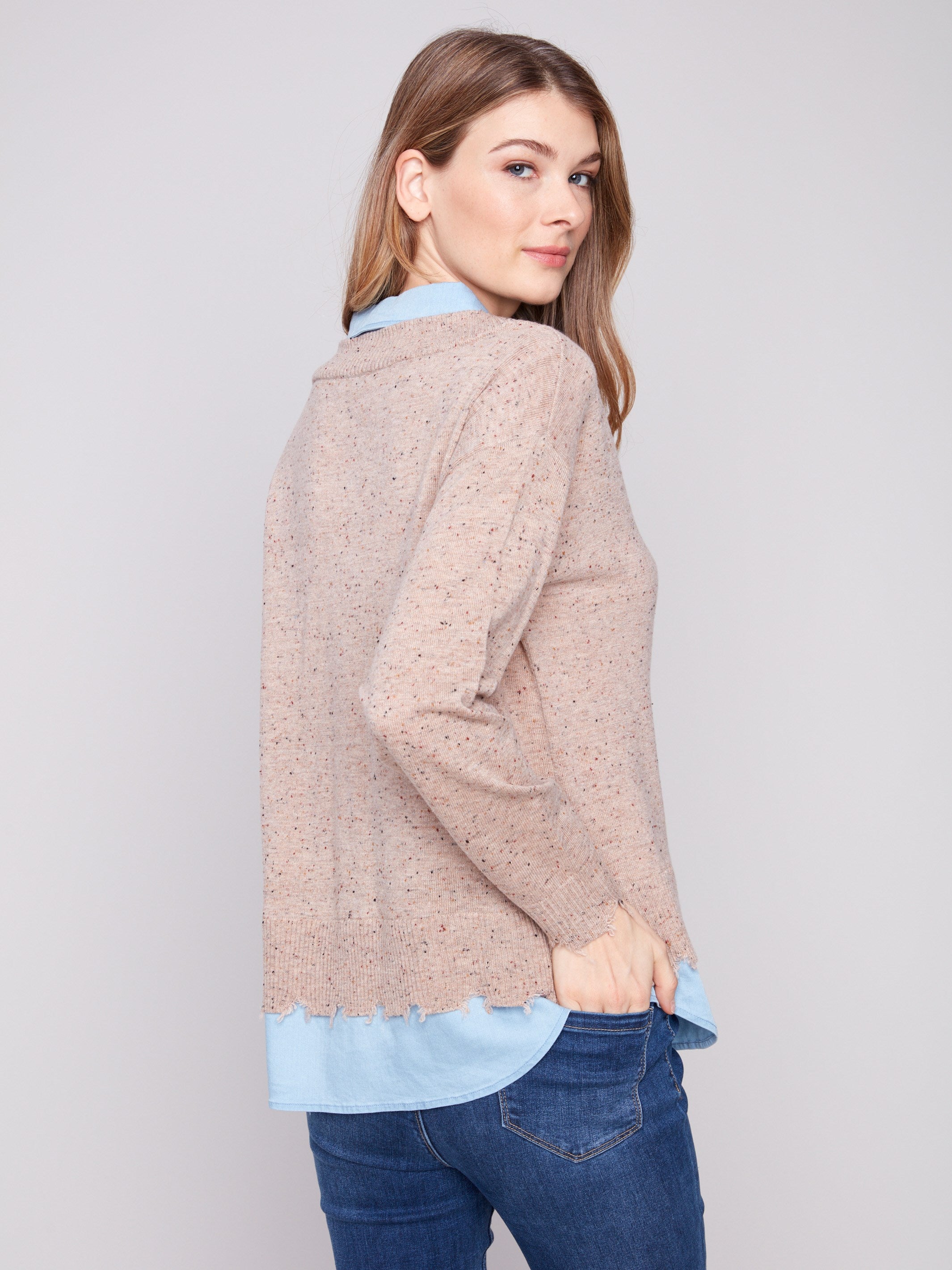 Chic oat flecks sweater with layered design, combining comfort and style effortlessly by Charlie B.