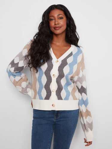 Geometric jacquard cardigan with a stylish V-neck and ribbed cuffs, offering a chic look by Charlie B.