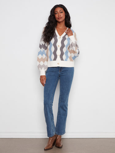Chic V-neck cardigan with a modern geometric design and ribbed hem for added style by Charlie B.