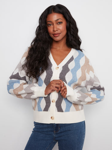 Stylish button-front cardigan with intricate geometric pattern, enhancing any wardrobe by Charlie B.