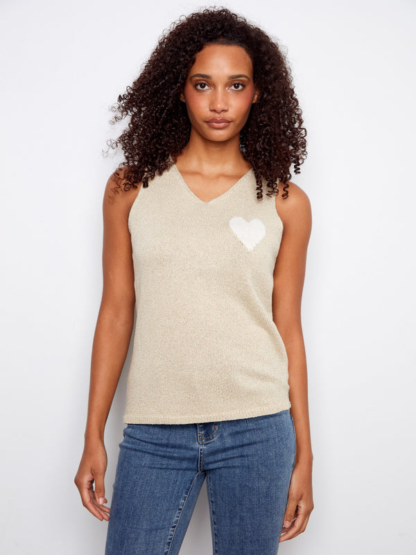 V-Neck Knit Cami With Heart - Gold