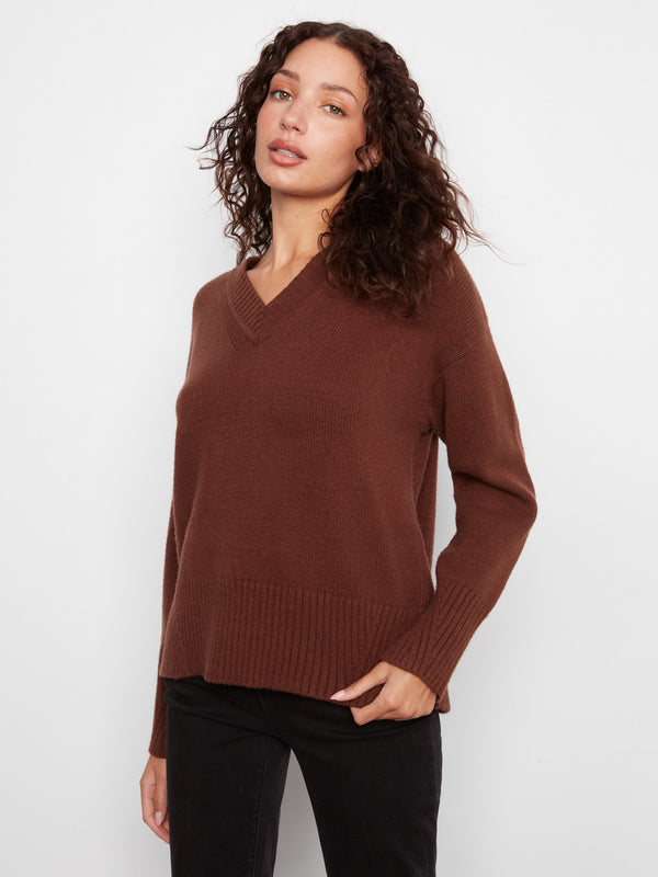 Chandail en tricot à col en V - Brun Chiné