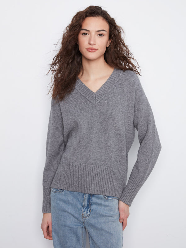 V-Neck Knit Sweater - HeatherMed Grey