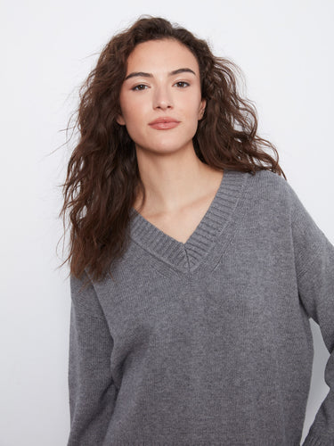 Heather grey sweater with a stylish drop shoulder design and ribbed cuffs by Charlie B.