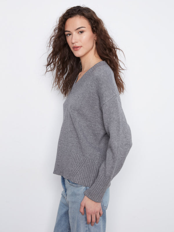 V-Neck Knit Sweater - HeatherMed Grey