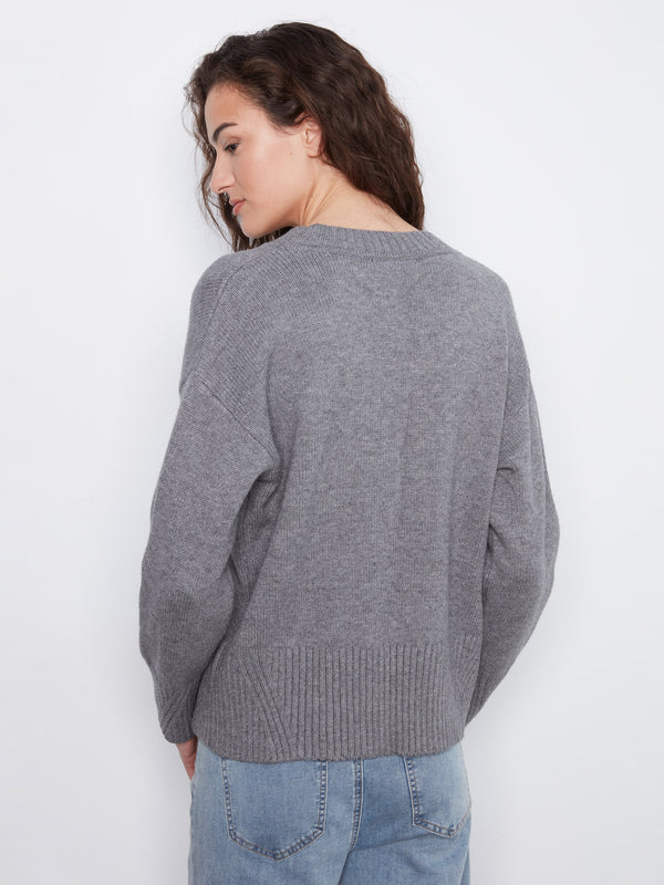 V-Neck Knit Sweater - HeatherMed Grey