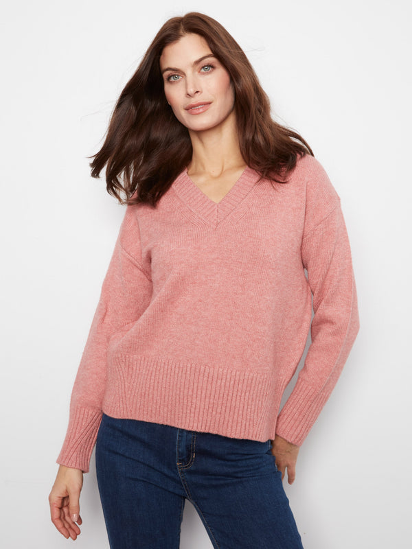V-Neck Knit Sweater - Heather Carnation