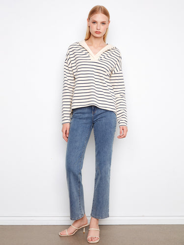 Navy and white striped hoodie with comfortable drop shoulders for a relaxed fit by Charlie B.