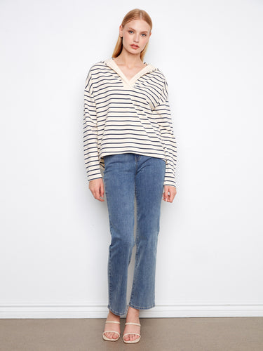 Trendy striped navy and white hoodie showcasing a unique high-low hem design by Charlie B.