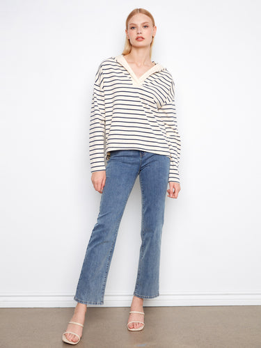Stylish navy and white striped hoodie complete with drop shoulders for added ease by Charlie B.