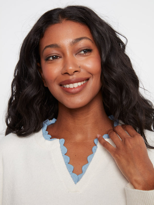 V-Neck Sweater With Woven Trim - Snow White