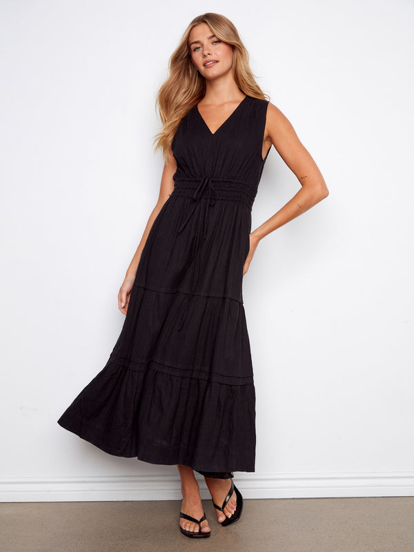 V-Neck Tiered Linen Maxi Dress - Black