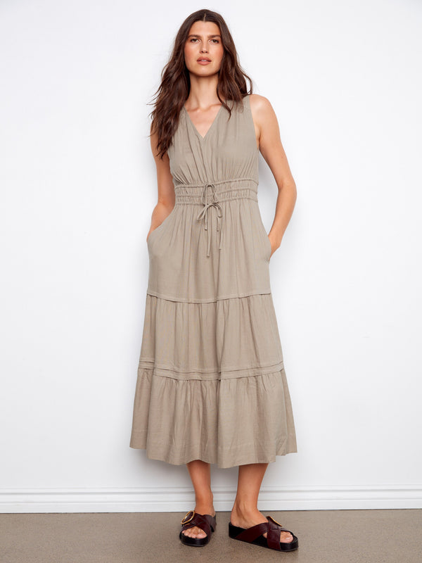 V-Neck Tiered Linen Maxi Dress - Sage