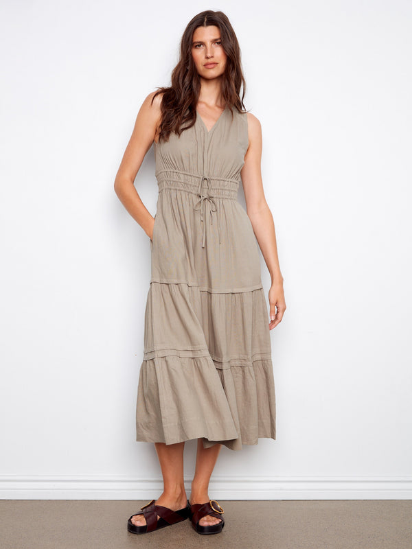 V-Neck Tiered Linen Maxi Dress - Sage