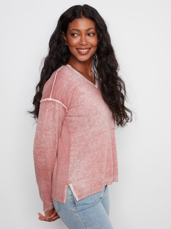 Vintage Effect V-Neck Sweater - Rosebud