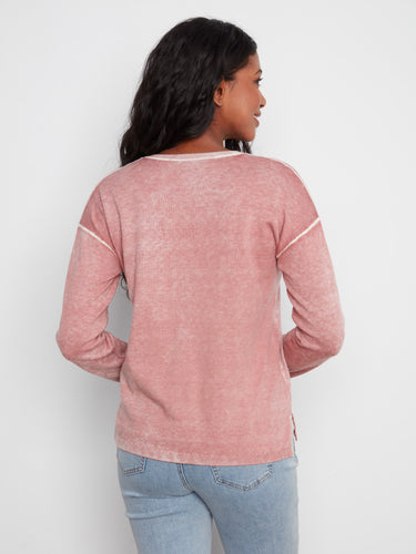 Sweater in Rosebud hue crafted from a soft washed finish fabric, perfect for casual wear by Charlie B.