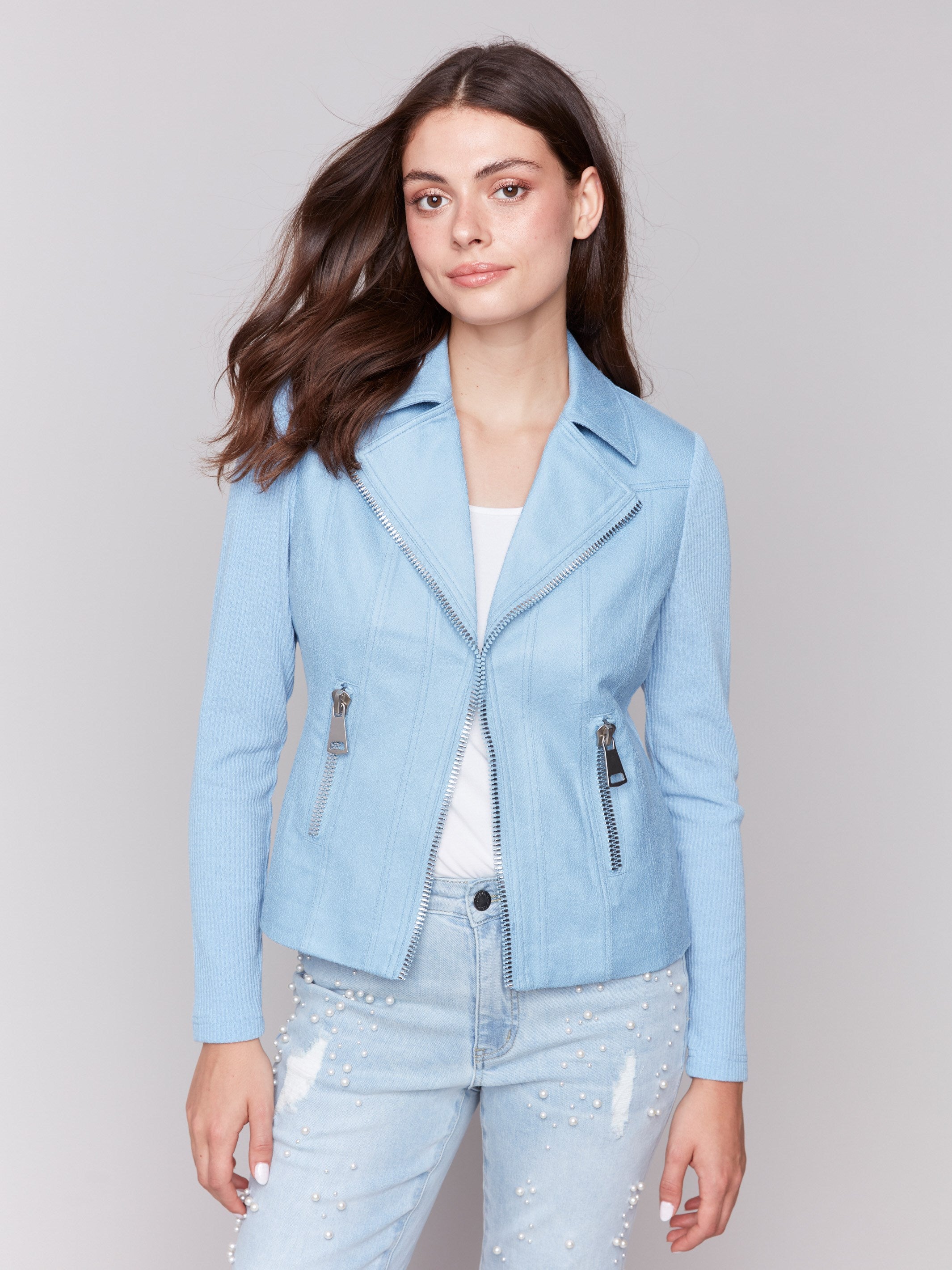 Bluebell jacket with lapel notch collar, showcasing style by Charlie B.