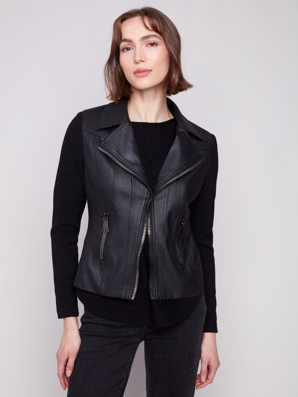 Black jacket featuring a stylish lapel notch collar and chic design by Charlie B.