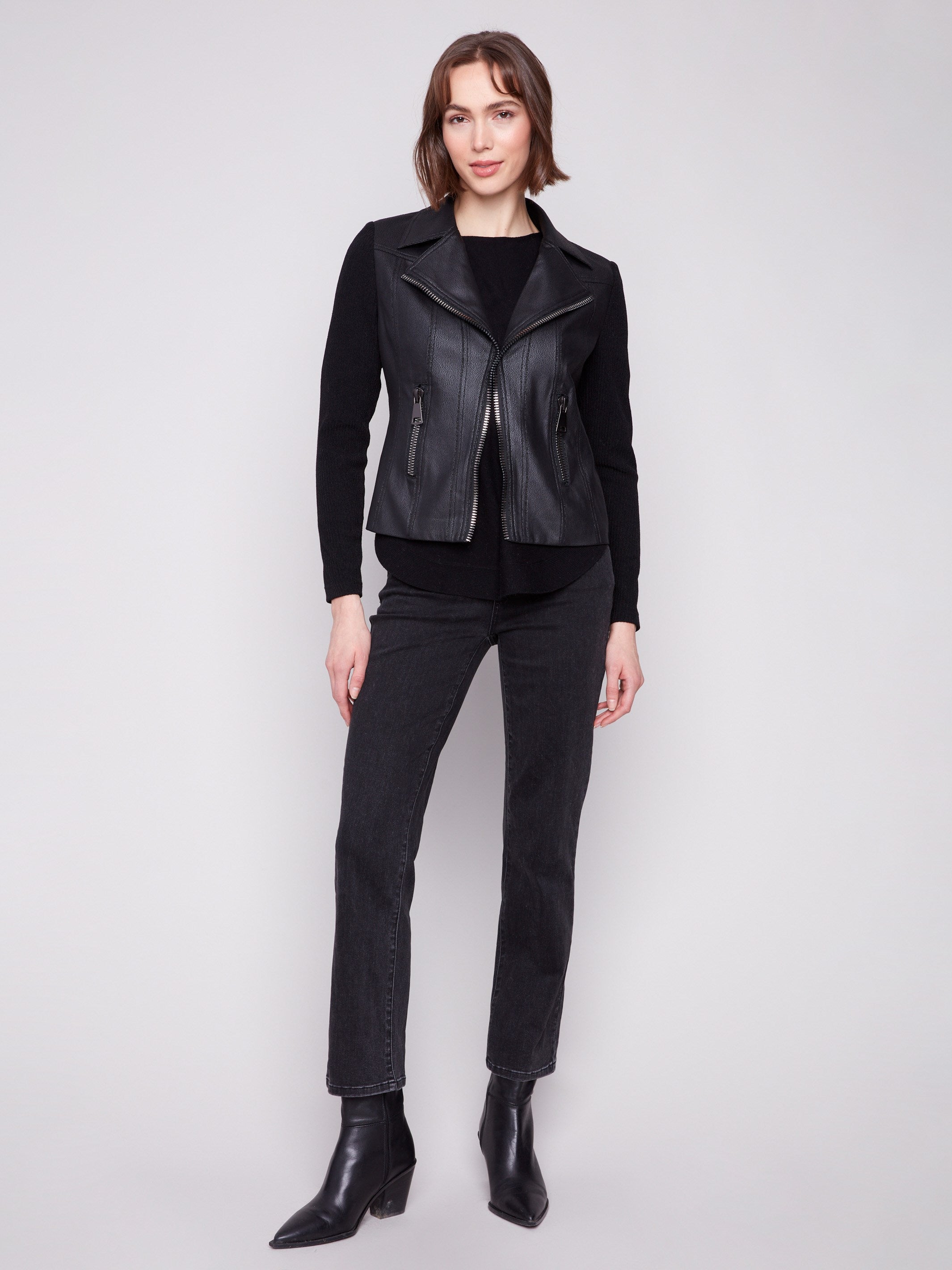 Elegant black jacket with a secure hook-and-eye closure for a sleek look by Charlie B.