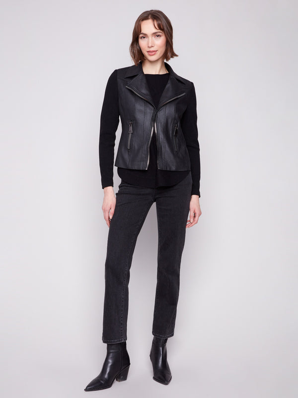Elegant black jacket with a secure hook-and-eye closure for a sleek look by Charlie B.