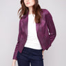 Berry faux leather jacket featuring a hook-and-eye closure and stylish zipper accents by Charlie B.