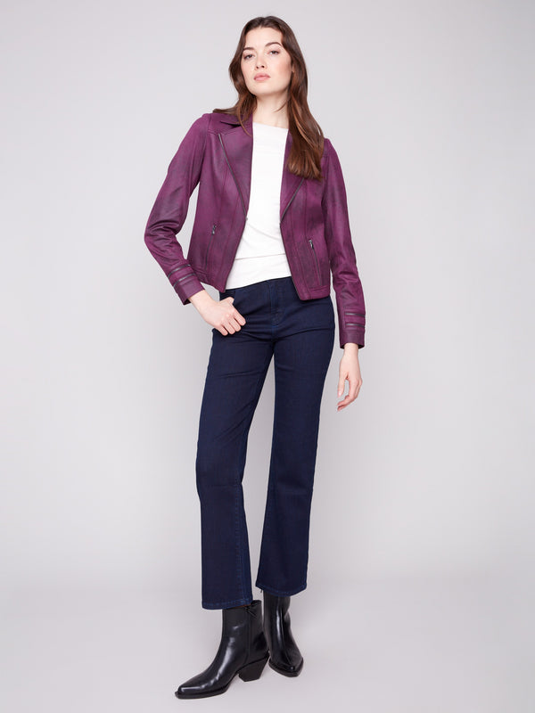 Elegant berry jacket with lapel notch collar and chic faux pockets for a modern look by Charlie B.