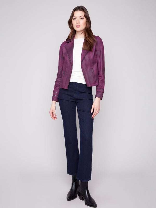 Sophisticated berry faux leather jacket designed with sleek hook-and-eye closure and elegant finish by Charlie B.