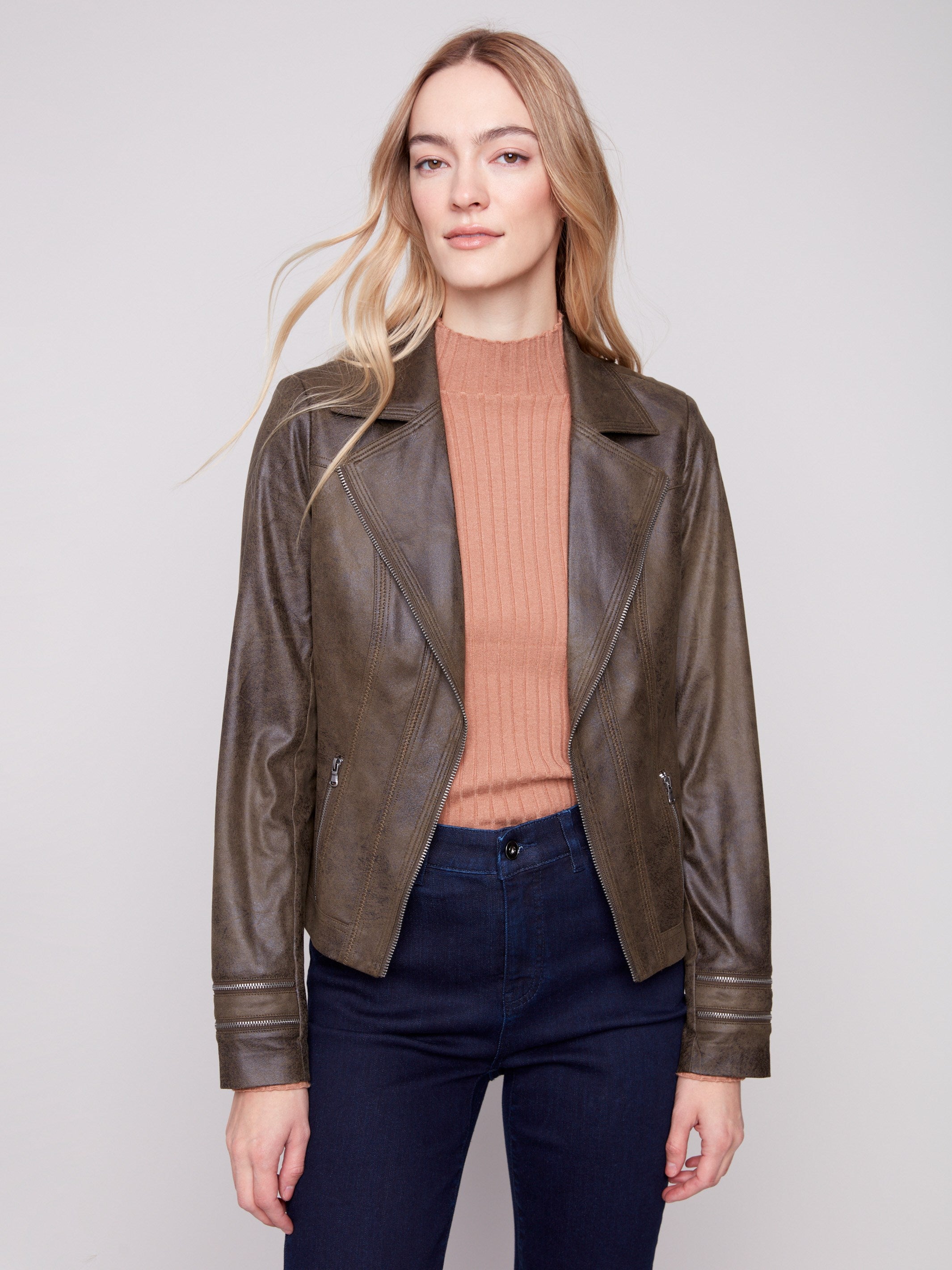 Spruce faux leather jacket featuring sleek zipper details and tailored fit by Charlie B.
