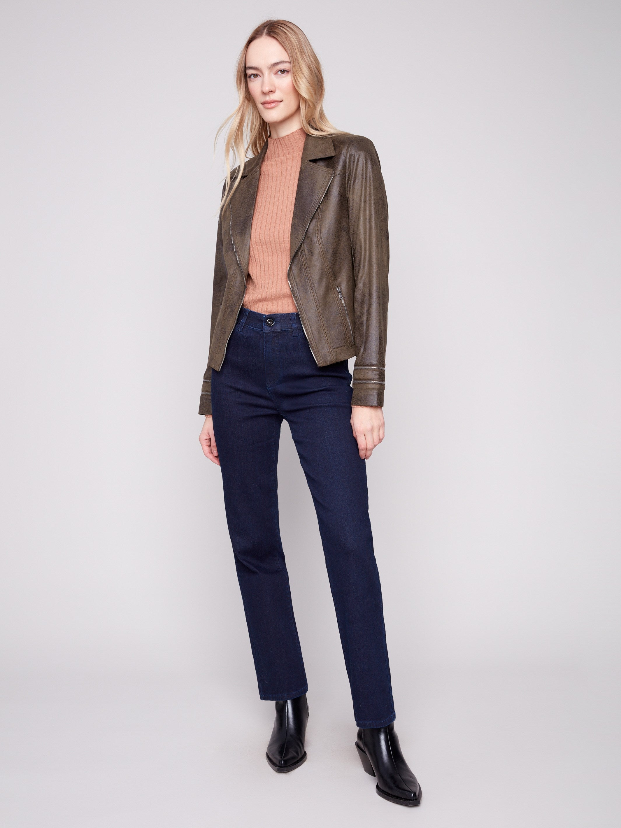 Elegant faux leather jacket with a classic lapel collar and stylish finish by Charlie B.
