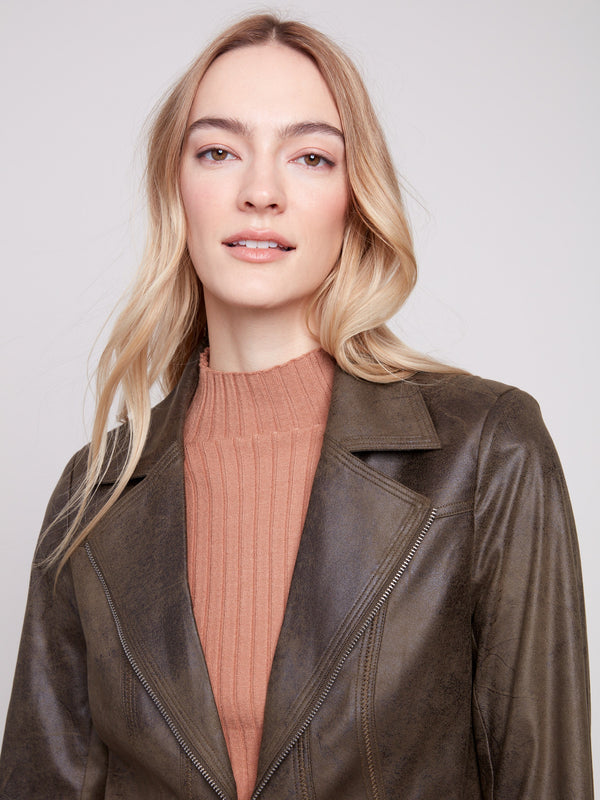 Chic spruce faux leather jacket showcasing modern zipper accents by Charlie B.
