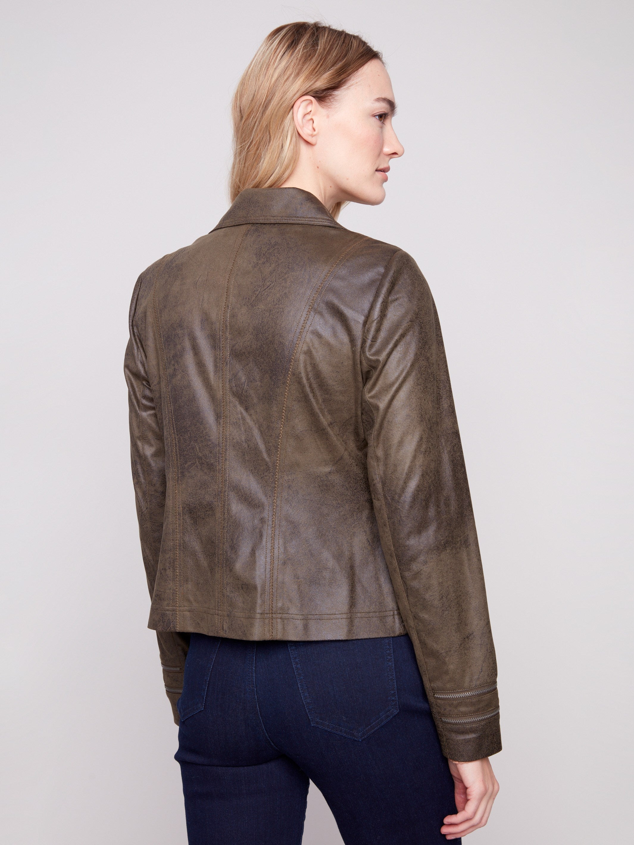 Sophisticated faux leather design with a contemporary lapel collar by Charlie B.