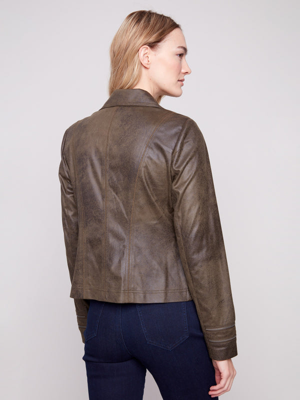 Sophisticated faux leather design with a contemporary lapel collar by Charlie B.