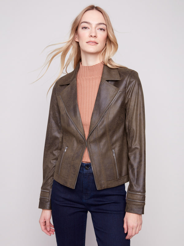 Trendy spruce jacket in faux leather with unique zipper embellishments by Charlie B.