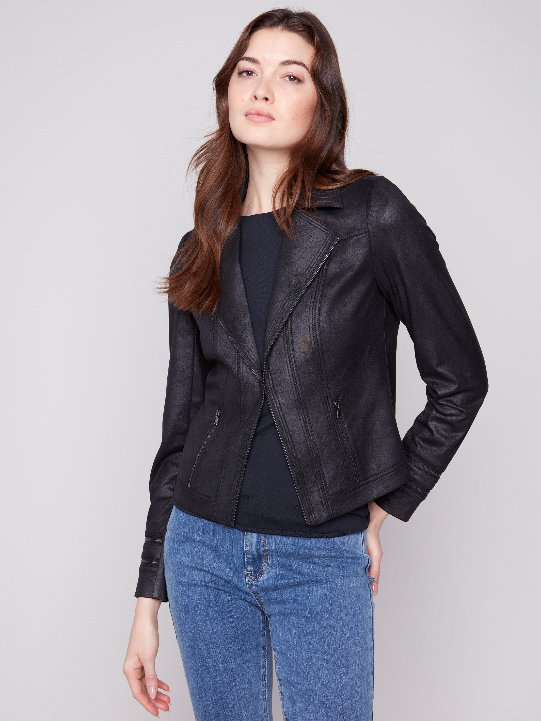 Black faux leather jacket featuring a sleek hook-and-eye closure by Charlie B.
