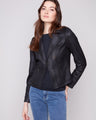 Black faux leather jacket featuring a sleek hook-and-eye closure by Charlie B.