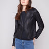Black faux leather jacket featuring a sleek hook-and-eye closure by Charlie B.