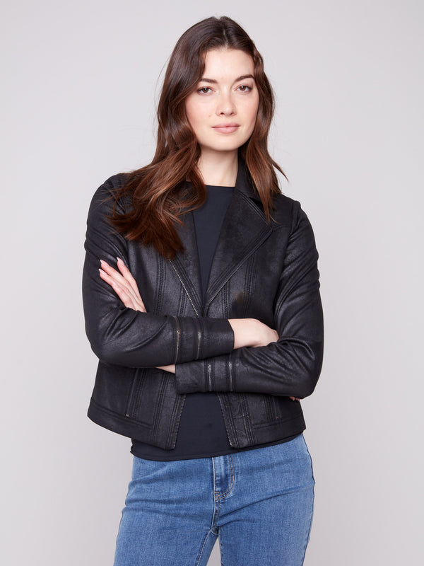 Trendy short length black jacket crafted for modern style by Charlie B.