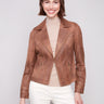 Truffle faux leather jacket showcasing elegant zipper accents and a chic lapel collar, crafted for style by Charlie B.