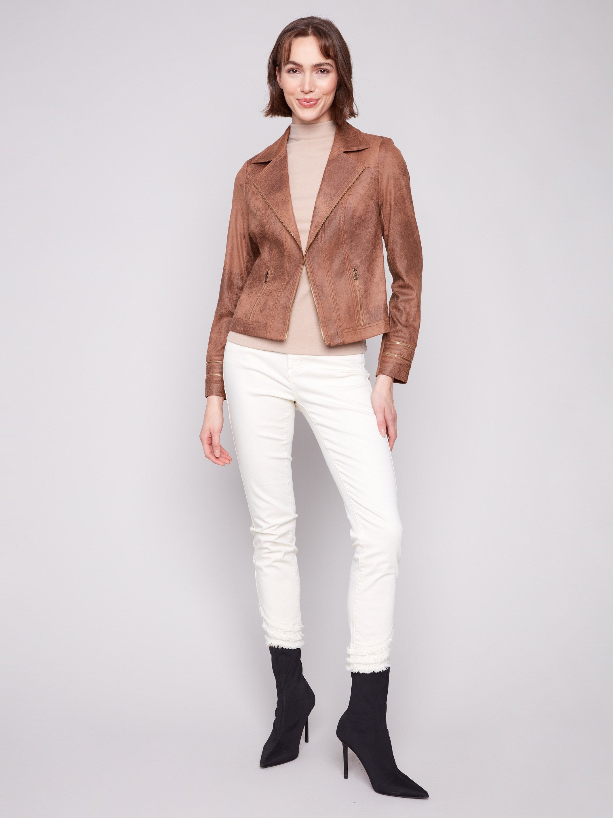 Stylish faux leather jacket in truffle with refined zipper details and sophisticated lapel design by Charlie B.