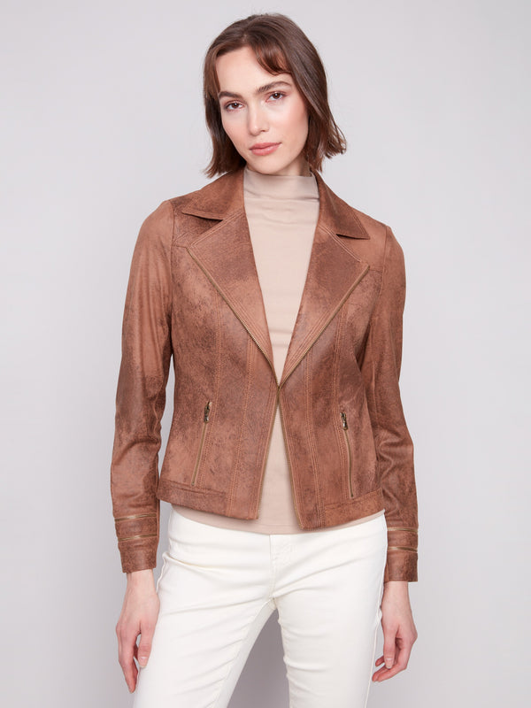 Chic truffle faux leather jacket designed with exquisite zipper features and a contemporary lapel collar by Charlie B.