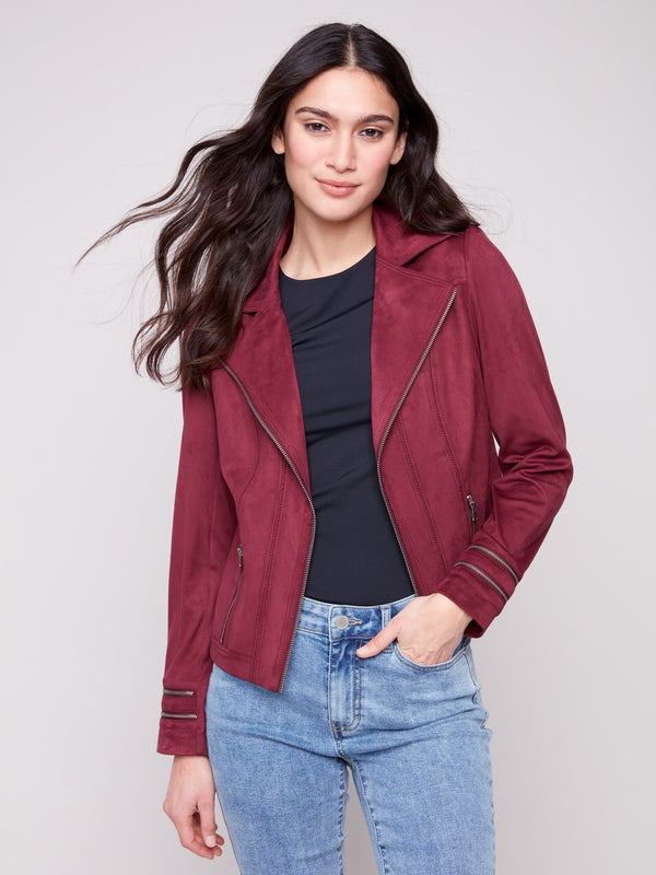 Women's cabernet faux suede jacket with a stylish hook-and-eye closure, enhancing its sleek look by Charlie B.